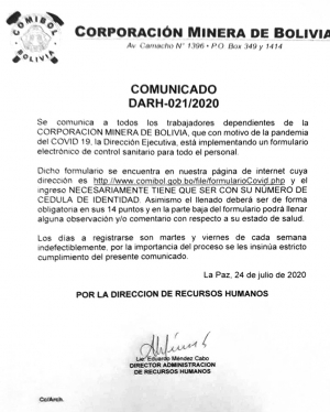 CUESTIONARIO COVID 19 COMIBOL DARH-021/20