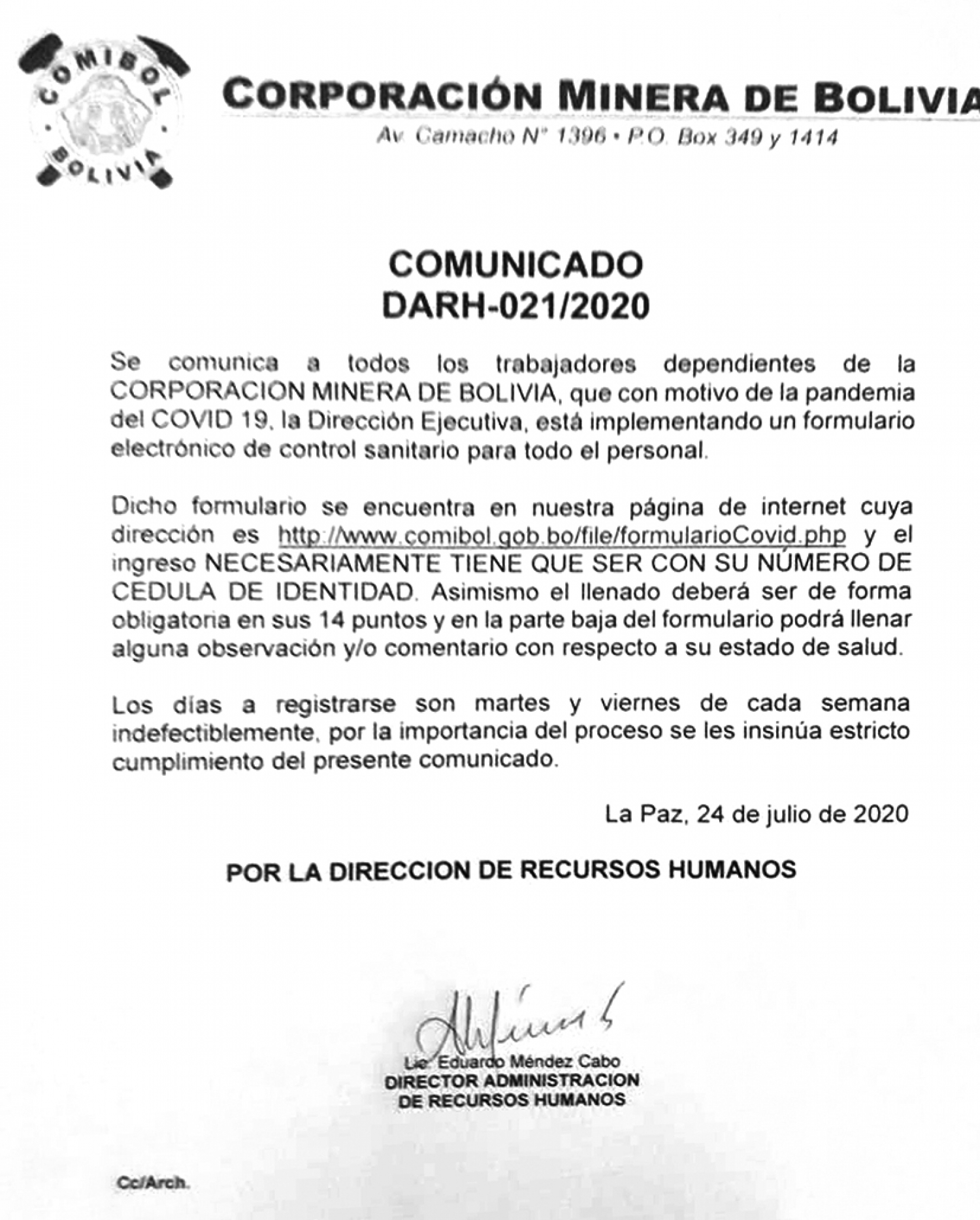 CUESTIONARIO COVID 19 COMIBOL DARH-021/20